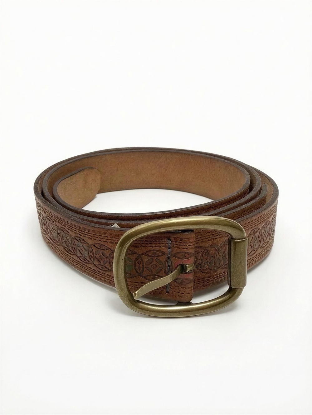 Fossil Brown Tooled Leather Women's Belt with Unique Design and Brass Buckle - S